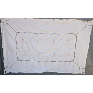 Vintage Embroidered Tablecloth Floral Cotton Lace 94x60